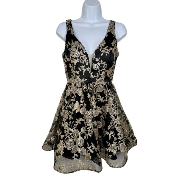 Altar'd State Donella Sequin Mini Dress Black Gold Floral Fit & Flare XS - Picture 7 of 16